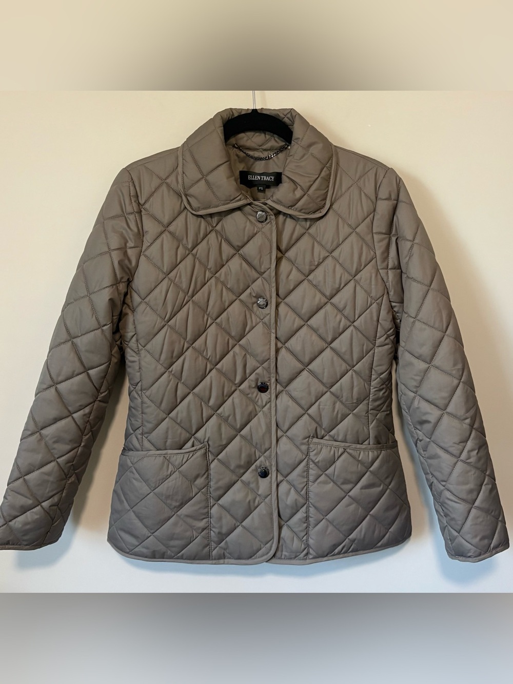 Ellen Tracy Quilted Olive Button-Front Puffer Jacket